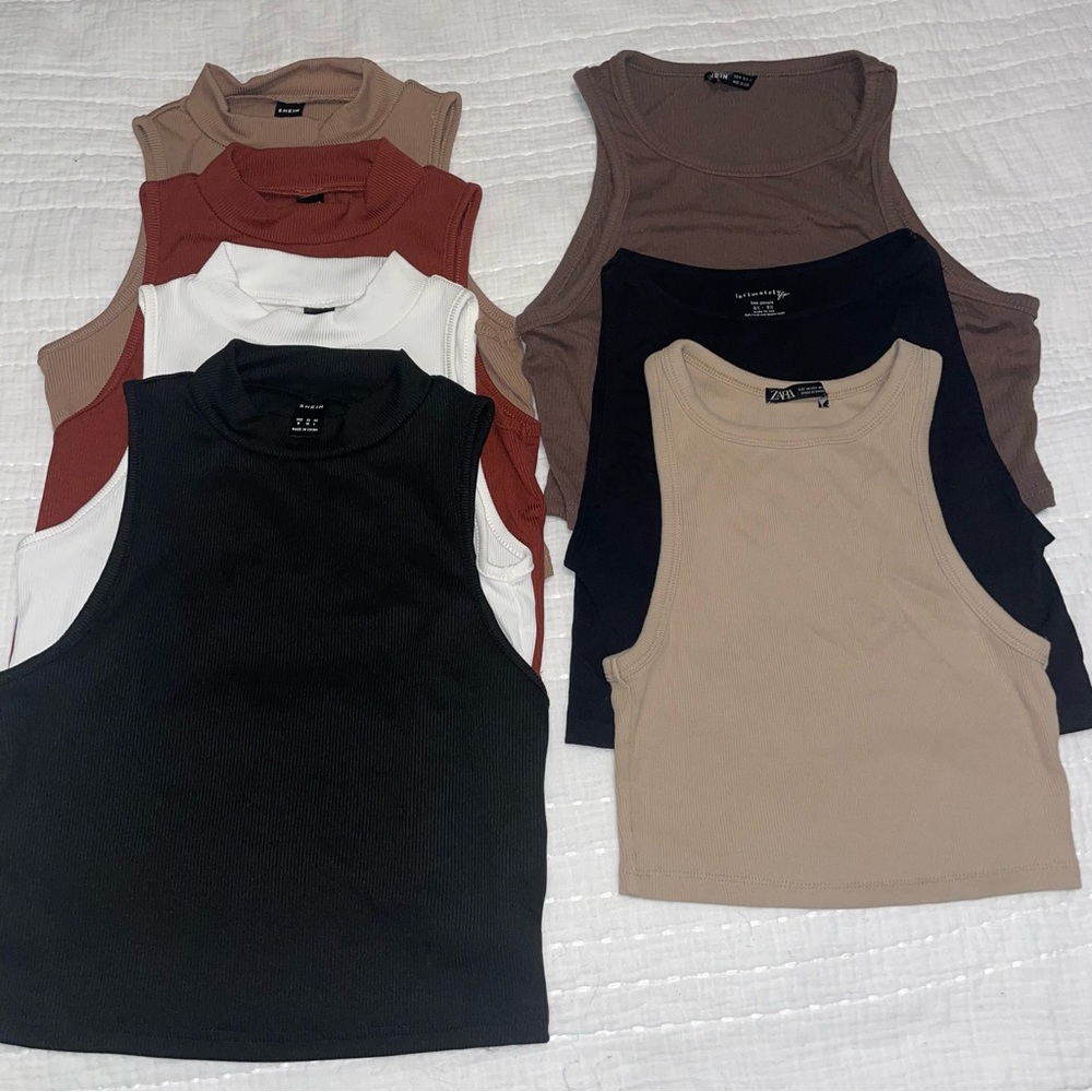 Zara & SHEIN & Free People Cropped Tank Tops - Black, White, Brown, Tan